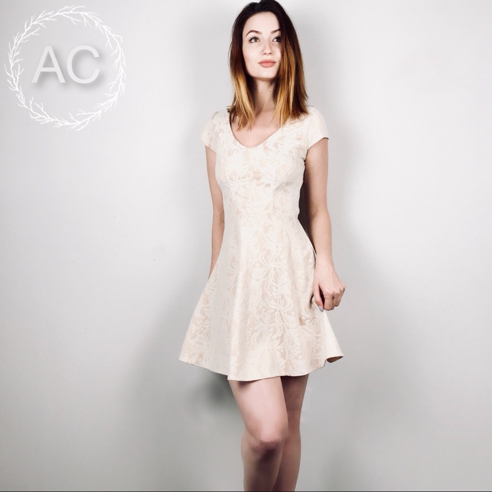 Want & Need Nude Lace Overlay Skater Dress